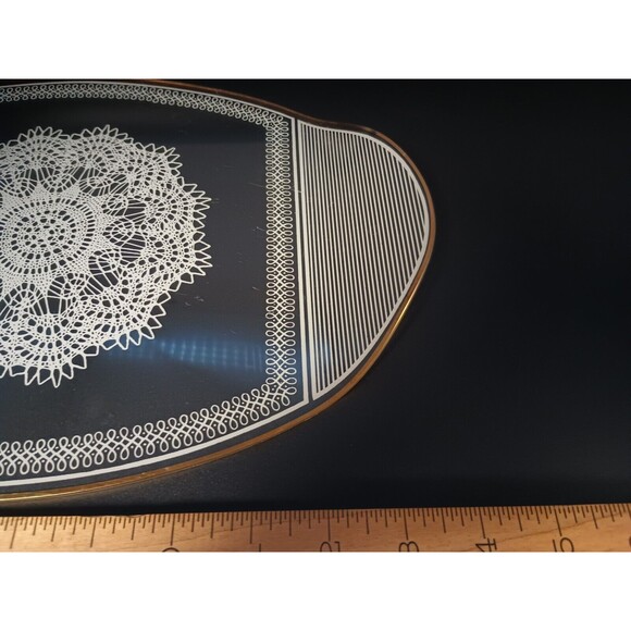 Vintage Glass Vanity Tray Oval White Doily Gold Rim - Picture 4 of 5